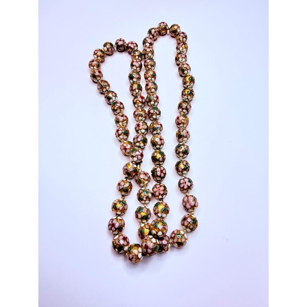 Vintage Gold Cloisonné Floral Bead Necklace – Hand Knotted Enamel Beads 30"